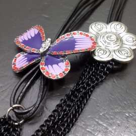 Virginia Vintage paint lacquer butterfly Clear Topaz Crystal metal leather necklance