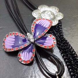 Virginia Vintage paint lacquer butterfly Clear Topaz Crystal metal leather necklance