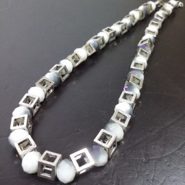 Virginia Vintage plantinum plated Cube Creamy White Chalcedony Necklance